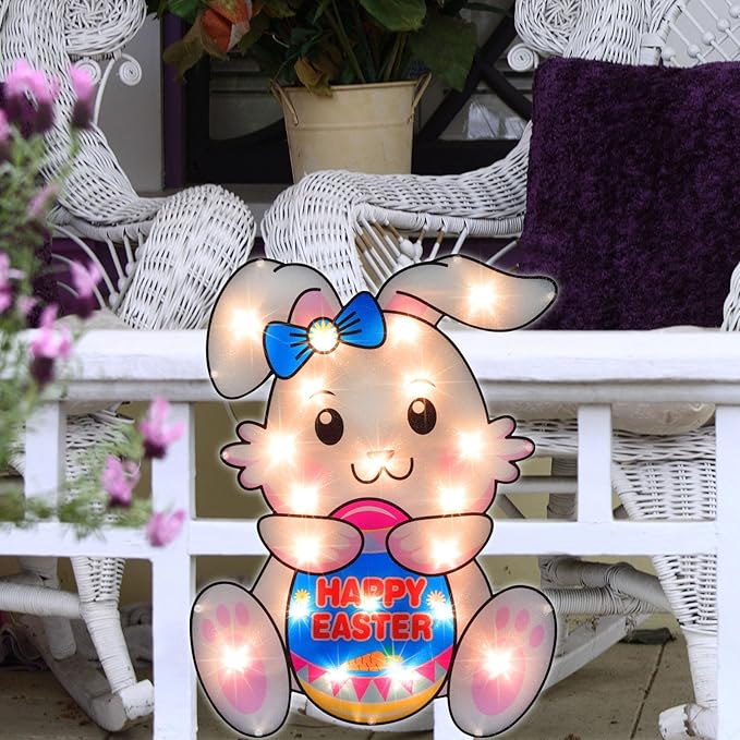 LAMPHOME 17" Lighted Easter Egg Window Silhouette，Bunny with Egg Easter Lighted Window Decoration