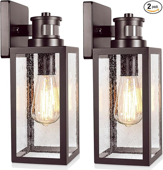 2-Pack Motion Sensor Outdoor Wall Lights, Dusk to Dawn Exterior Wall Sconces Lanterns with Seeded Glass, Waterproof Porch Light Fixtures Outside Lights for House Front Door Entryway Garage, Brown