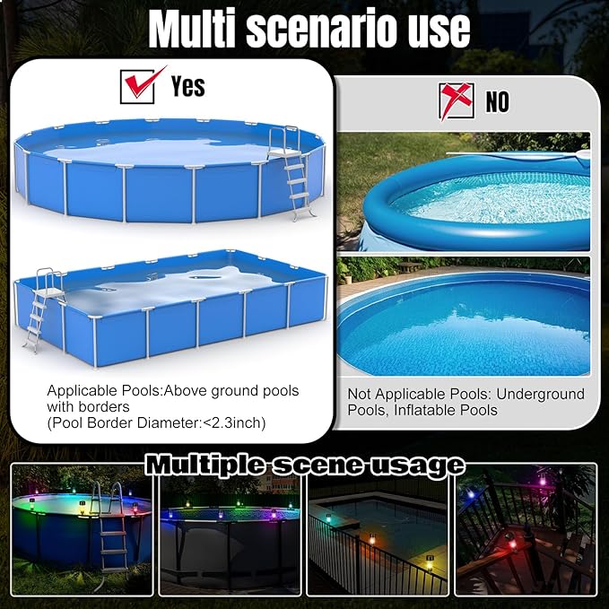 VIHOSE Pool Solar Lights for Framed Above Ground Pools Waterproof Solar Light Outdoor Swimming Pool Fence Decorations Pool Accessories Night Lights(Colorful Light,16 Pcs)