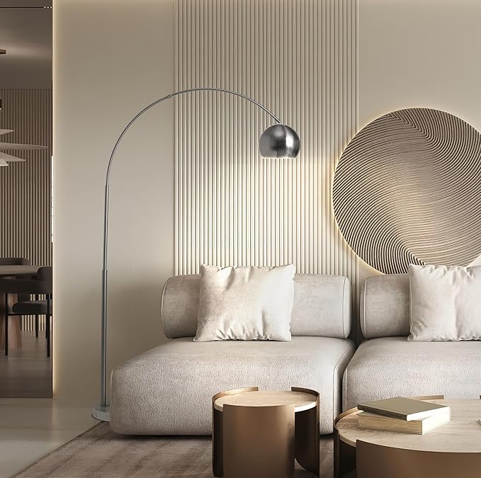 Brightech Olivia Floor Lamp - Chic Arc Lamp with Rounded Spolight Head and Marble Base for Living Room, Tall Standing Lamp with LED Light Bulb for Bedroom Reading, Boho Home Decor for Office - Chrome