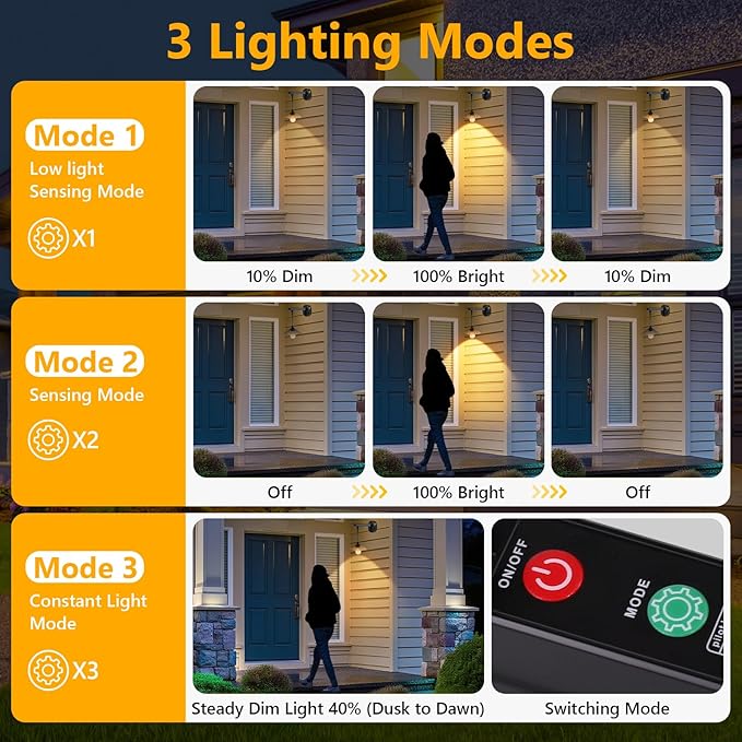 Solar Barn Lights Outdoor, Dusk to Dawn Outdoor Wall Sconces, 3 Lighting Modes with Motion Sensor, Waterproof Farmhouse Wall Mount exterior wall light for Porch, Garage, Patio (2 Pack, Smoky Gray)