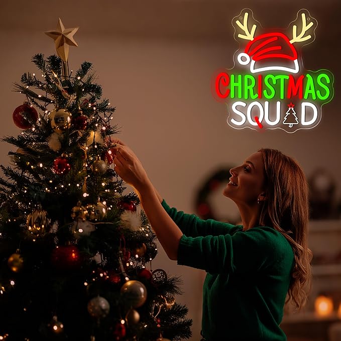 Christmas Neon Sign for Wall Decor Dimmable Christmas Squad LED Neon Light for Party Bedroom Christma Decor for Window Shop Bar Reindeer Santa Hat Signs Festival Gifts for Kids Size 13.2*13in(GLNA002)