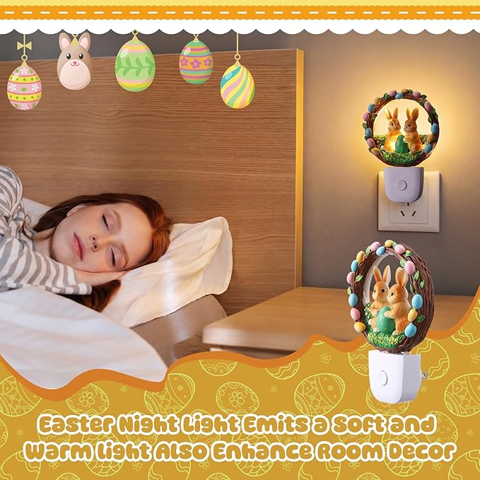 VIHOSE Easter Night Light Easter Bunny Light Decoration Plug into Wall LED Nightlight Resin Egg Wreath Flower Bunny Decorative Lamp for Spring Indoor Bedroom Room Home Nursery Rabbit Lighting Gifts