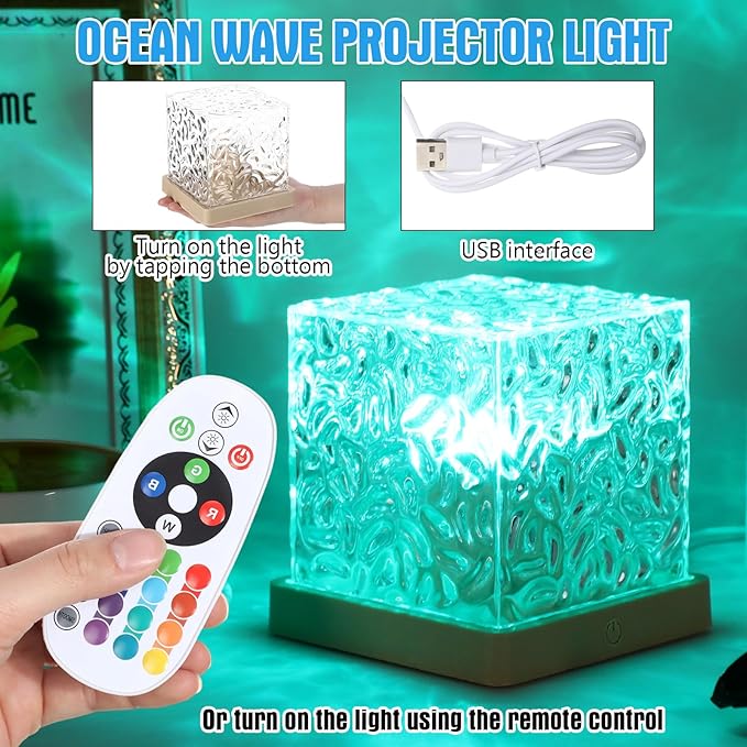 6 Pcs Ocean Wave Projector Lights 16 Colors Northern Lights Cube Aurora Glow Sunset Lumen Lamp with Remote Control Gradual Rotating Flame Ripple Lamp for Bedroom Decor Birthday Party Supplies
