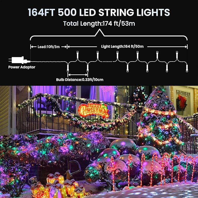175Ft Outdoor Christmas Lights, 500 LED Fairy Twinkle Lights with 8 Modes, Timer, Waterproof for Garden, Wedding, Holiday, Xmas Tree Decorations (Multicolor)