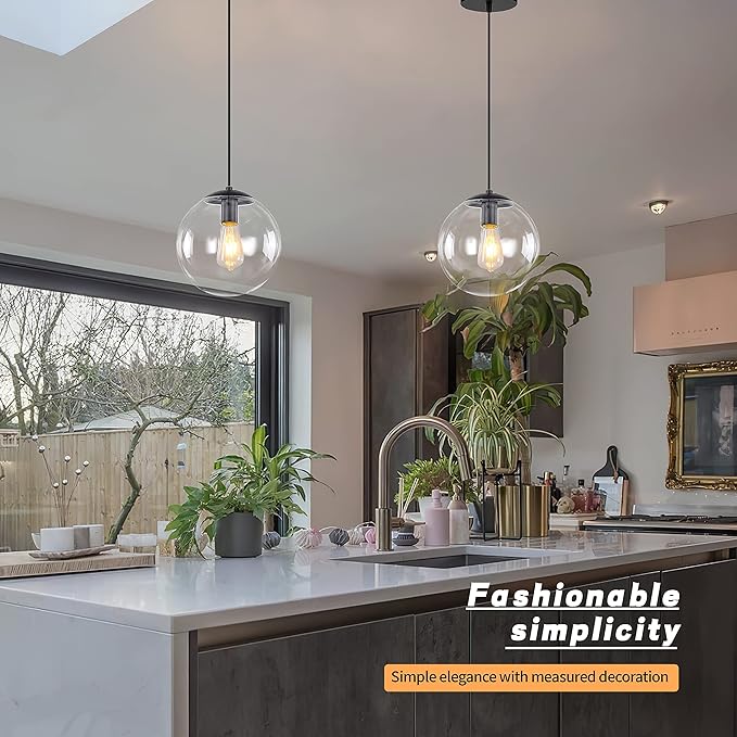 KoKo&Yukina 8 inch Globe Pendant Lighting for Kitchen Island Mid Century Modern Hanging Light Fixture with Clear Globe Glass Black Industrial Hanging Ceiling Lights for Bathroom Entryway (Bulb Incl.)