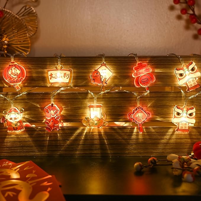 LOLStar Chinese New Year Decorations 2026 Mini Indoor String Lights 9.8Ft 20 LED Fairy Lights 8 Modes Timer Battery Operated (Not Included) Chinese New Year Decors Window Lights for Mantel Bedroom