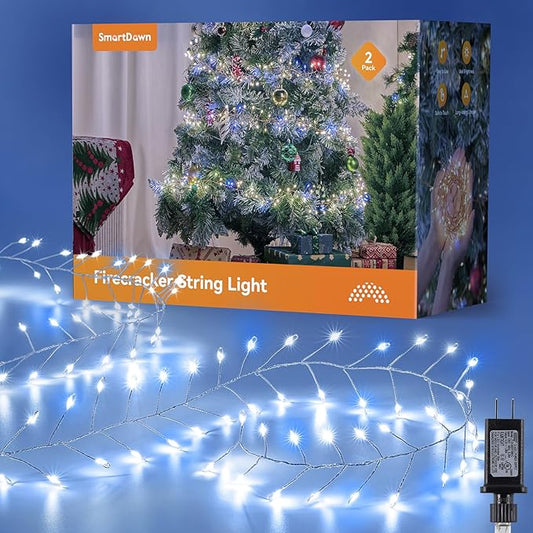 Fairy Lights Plug in, 10ft 200LED Cluster String Lights - Twinkle Copper Wire Christmas Tree Lights Waterproof for Bedroom Decor, Indoor/Outdoor Party, Patio, Garden，Blue White，2pack