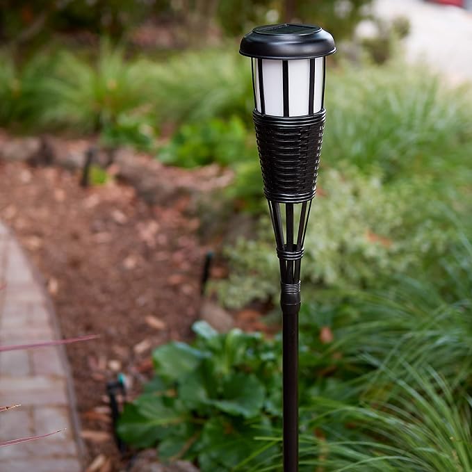 Newhouse Lighting FLTORCH2-B Solar-Powered Flickering Flame Effect LED Outdoor Island Torches for Landscape Lighting, Black Dark Chocolate Finish, 2-Pack