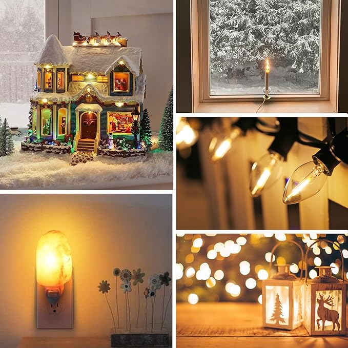 C7 LED Night Light Bulbs 0.6W Equivalent to 7W C7 Candelabra LED Filament Light Bulbs E12 Candelabra Base Lamp Clear Plastic Soft White 2700K Outdoor String Lights 25 Pack