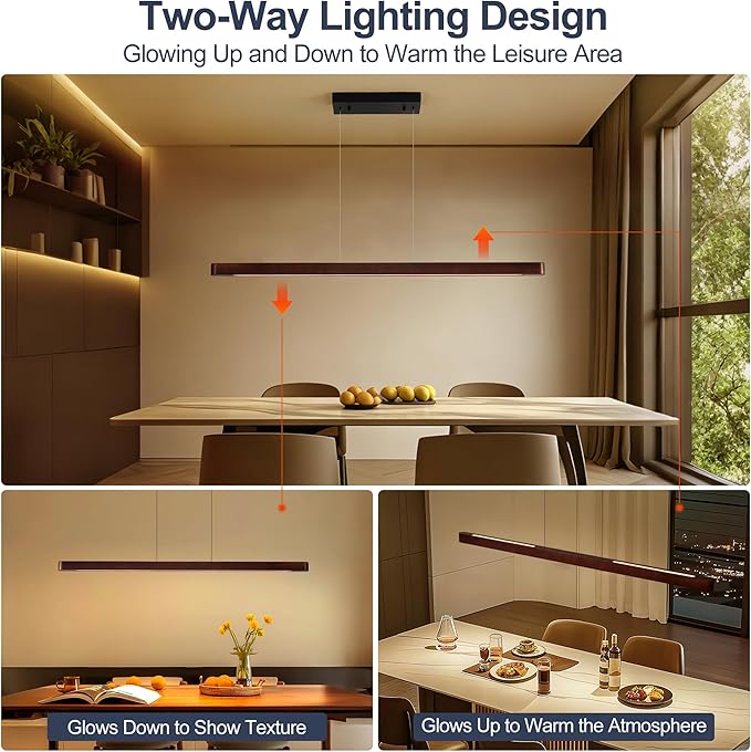 71" Wood Linear Pendant Light, Modern Pendant Lights Kitchen Island with Remote, 24W LED Wood Linear Hanging Chandelier for Dining Room, Kitchen Island, Bar, Pool Table-Walnut