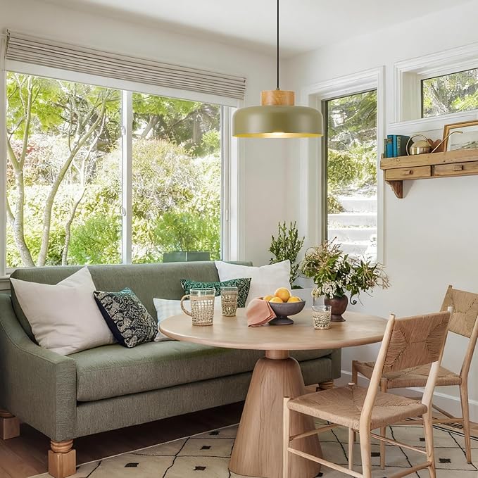 Modern Pendant Lights,12.6 inch,Naturl Wood,Adjustable Simple Pendant Lighting for Kitchen, Dining Room, Olive Green