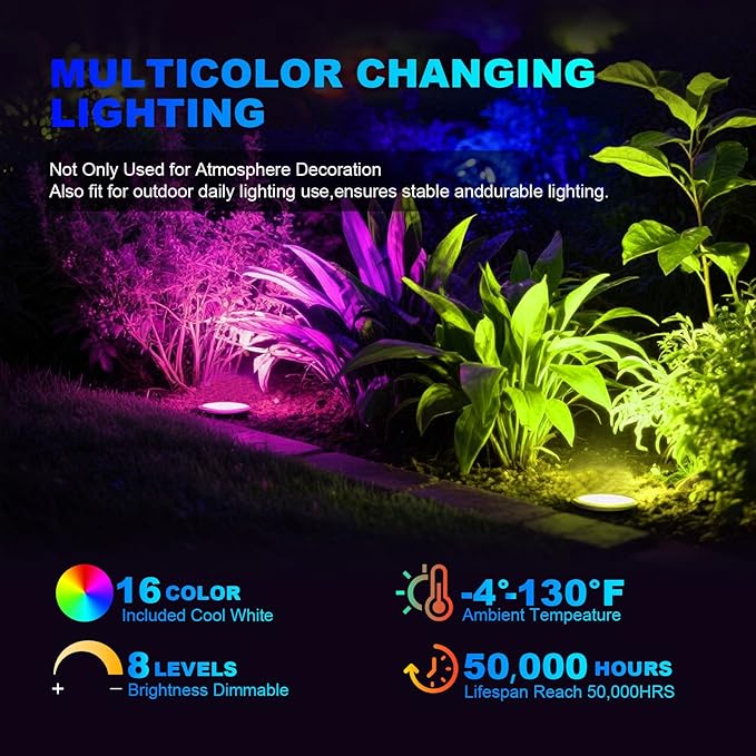 8Pack RGB Low Voltage Landscape Lighting 3W LED 12V Outdoor Inground Lights Waterproof Well Lights with Connectors Color Changing Pahtway Light for Garden Yard Patio(RGB+W)
