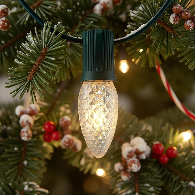 YULETIME Pack of 25 Faceted Warm White C9 Replacement Bulbs, Shatterproof LED Strawberry Bulbs for E17 Base Sockets Christmas String Lights