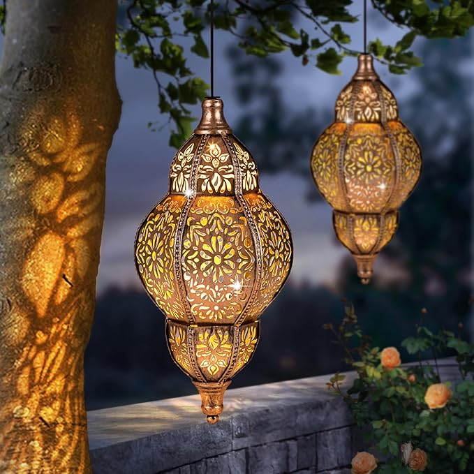 Hanging Solar Lantern Outdoor Decor, Moroccan Solar Lights for Outside Garden Decorations, Waterproof Solar Lanterns Garden Gifts for Mom, Women, Patio, Yard Ornament (Coppers)