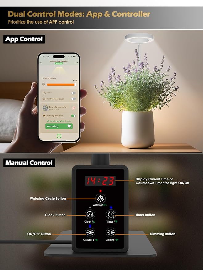 Smart Grow Lights for Indoor Plants, Plant Light with Auto-Timer, Full Spectrum LED Grow Light, Adjustable Height & Stepless Dimming,Plant Assistant Suitable for Most Plants (Black, 8W)