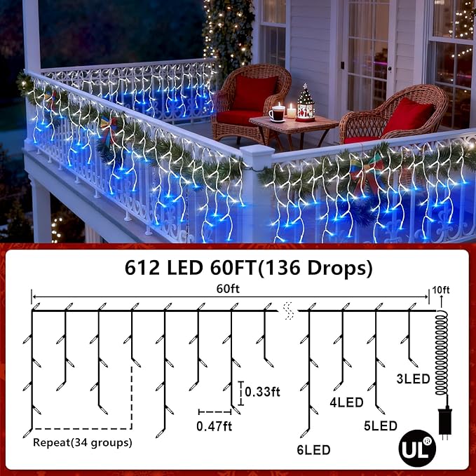 612 LED String lights Indoor Outdoor, 60ft Christmas Window Lights with 136 Drops 12 Modes, Dimmable Curtain Lights, Fairy Lights for Bedroom Holiday Wedding Party Home Decorations, Blue & White