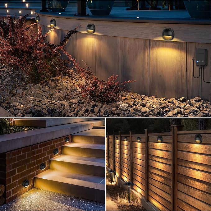 SUNVIE All-in-One Low Voltage Deck Lights Kit, 8 Pack 5W Low Voltage Landscape Lighting with 60W Transformer 100FT Wire and Connectors, 3000K 12-24V AC/DC LED Deck Step Lights for Fence Post Patio