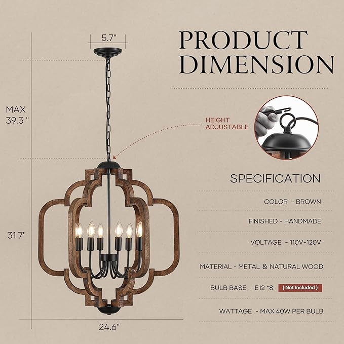 24.6" Farmhouse Vintage Chandelier 8-Light for Dining Room Rustic Handmade Wood Hanging Ceiling Pendant Light Fixture for Entryway Brown Retro Chandeliers for Kitchen Bedroom Foyer Hallway