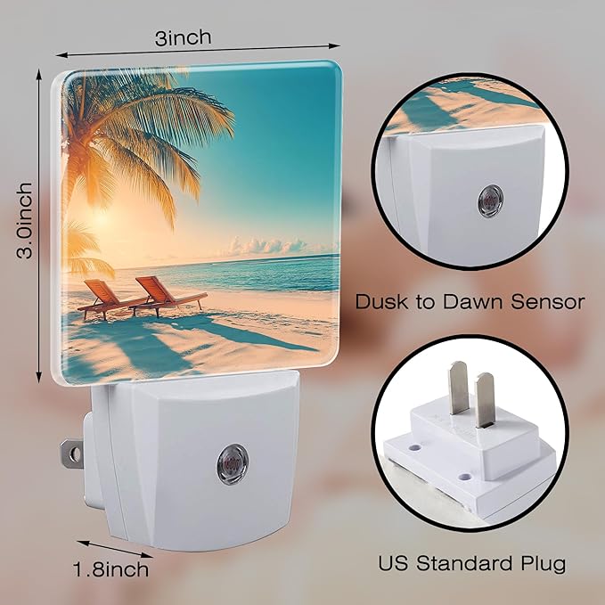 Beach and Sunset Night Light for Kids, Dusk-to-Dawn Auto Sensor Plug in Night Light, 0.5W Energy Saving Non-Toxic Design for Bedroom/Bathroom, Ideal Gifts for Women, Men & Kids