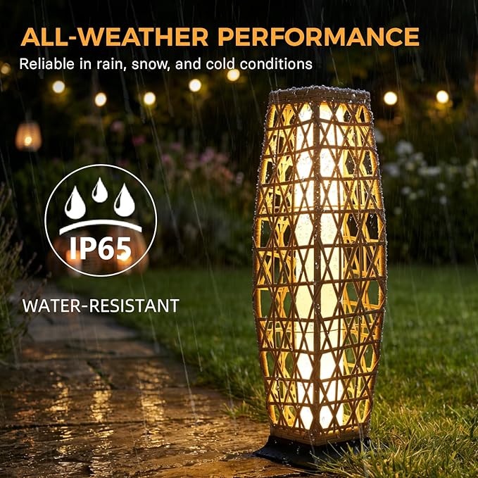 Grand patio 2-Piece Outdoor Floor Lamp Solar Lantern, Water-Resistant Wicker Boho Patio Light with 50/100 Lumens Dual Brightness & Memory Mode for Garden Porch Deck Decor, Large Cindy Natural