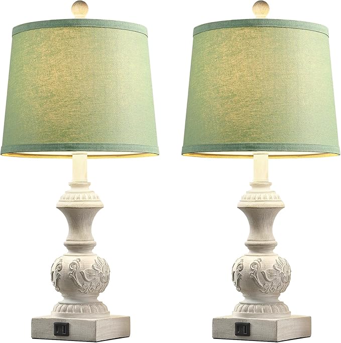 Green Bedside Lamp Set of 2 Vintage Farmhouse Table Lamps with USB A+C Ports 23.5" Floral Carved Pull Chain Boho Nightstand Lamps for Living Room Bedroom Home Office Dorm (No Bulb)