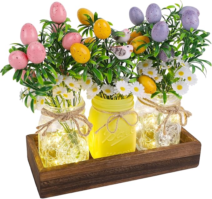 DR.DUDU Easter Decorations for Home, Easter Table Centerpiece with Egg Picks in Glass Vases, Wood Tray & Led Lights with Timer, Spring Decor for Home, Set of 3
