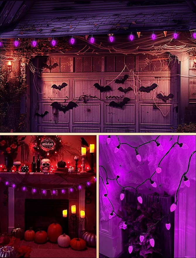 C7 Halloween Purple String Lights Plug in, 26Ft Outdoor Halloween Decorations Lights with 50 LED C7 Strawberry Purple Bulbs Waterproof UL Listed for Roofline Backary Porch Window Holiday Party Decor
