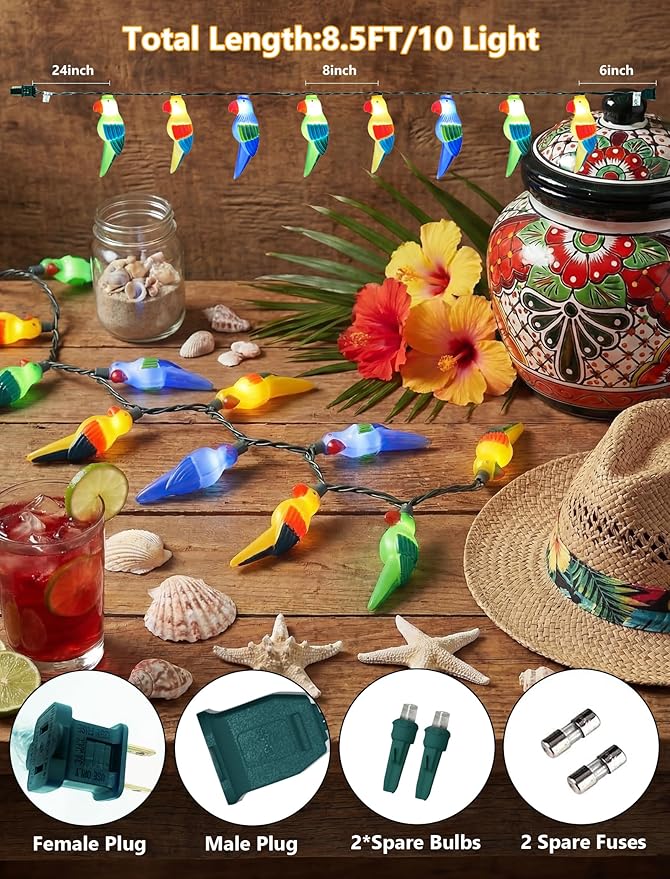 8.5Ft Parrot Outdoor String Lights, LED Tropical Themed Patio Lights with 10 Multicolor Birds Lights, Plug in Hanging Fairy String Lights for Backyard Summer Camp Window Decor Gift
