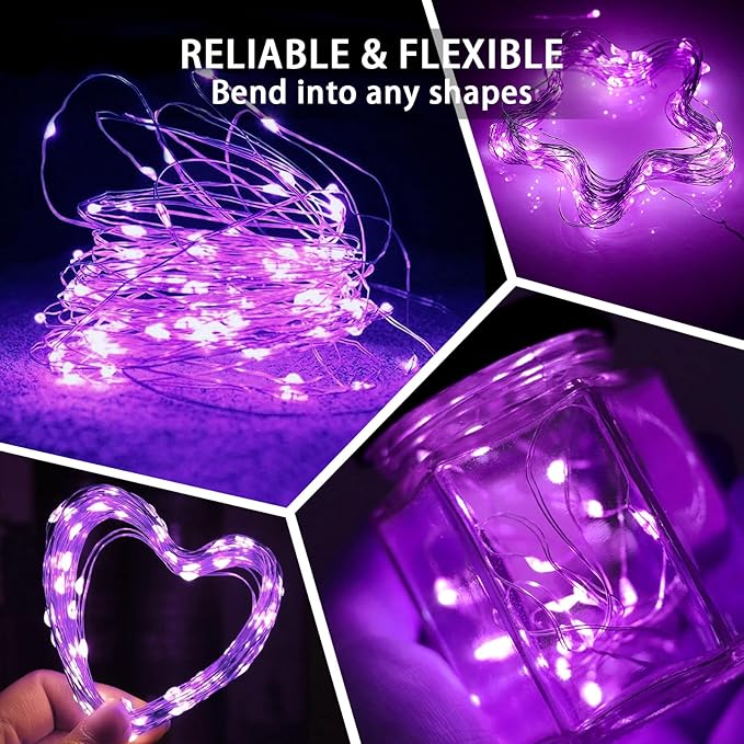 50 Pack Purple Fairy Lights 7Ft 20 LED Twinkle String Lights 3 Modes Battery Operated Waterproof Firefly Starry for Mason Jar Wedding Halloween Christmas Valentines Day Party Table Centerpieces