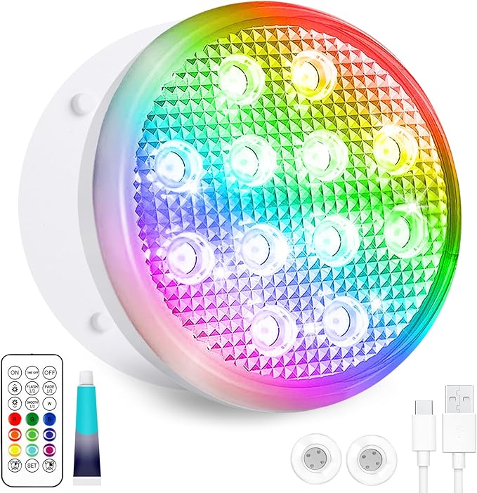 Rechargeable Submersible Led Lights: Pool Lights with Remote IP68 Waterproof 16 Color Changing Floating Bathtub Light with Magnet for Pond Hot Tub Christmas Decoration 1Pack