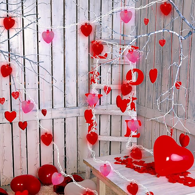 8.5Ft Valentine Red Pink Heart String Lights with 10 Red Pink 3D Heart Fairy Lights, Romantic Valentines Day Decorations Heart Lights for Mother's Day, Wedding,Anniversary Party Decoration