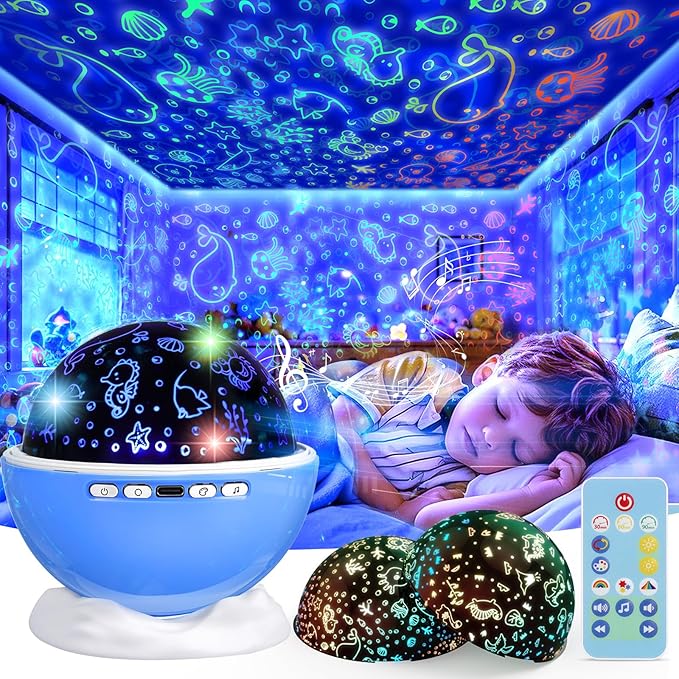 Night Light Projector,Night Light for Kids Room with Remote and Timer,360° Rotation,3 Projection Films,18 Light Modes,8 Lullaby Songs,Kids Night Lamp, Christmas Birthday Gifts for Boys Girls (Blue)
