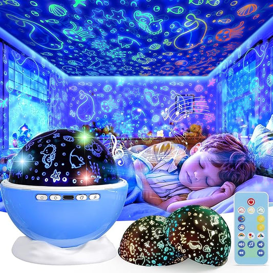 Night Light Projector,Night Light for Kids Room with Remote and Timer,360° Rotation,3 Projection Films,18 Light Modes,8 Lullaby Songs,Kids Night Lamp, Christmas Birthday Gifts for Boys Girls (Blue)