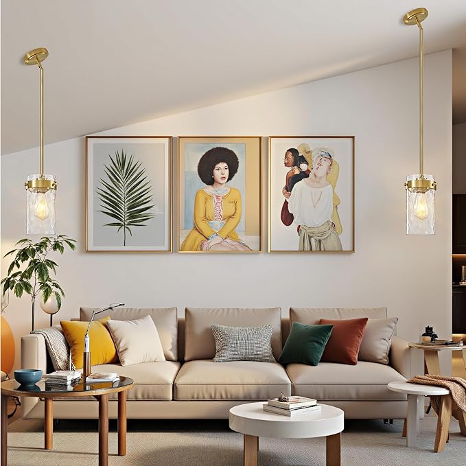 4.72" Hammered Glass Pendant Lighting for Kitchen Island 2 Pack, Modern Brushed Gold Pendant Light Fixtures, Adjustable Ceiling Pendant Light for Kitchen Island Dining Room Bedroom Hallway