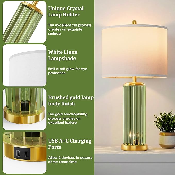 QiMH Gold Table Lamps for Bedroom Set of 2 with Nightlight, Modern Bedside Lamp with USB A+C Charging Port, Green Nightstand Lamp for Living Room White Shade, 2 Bulbs Included