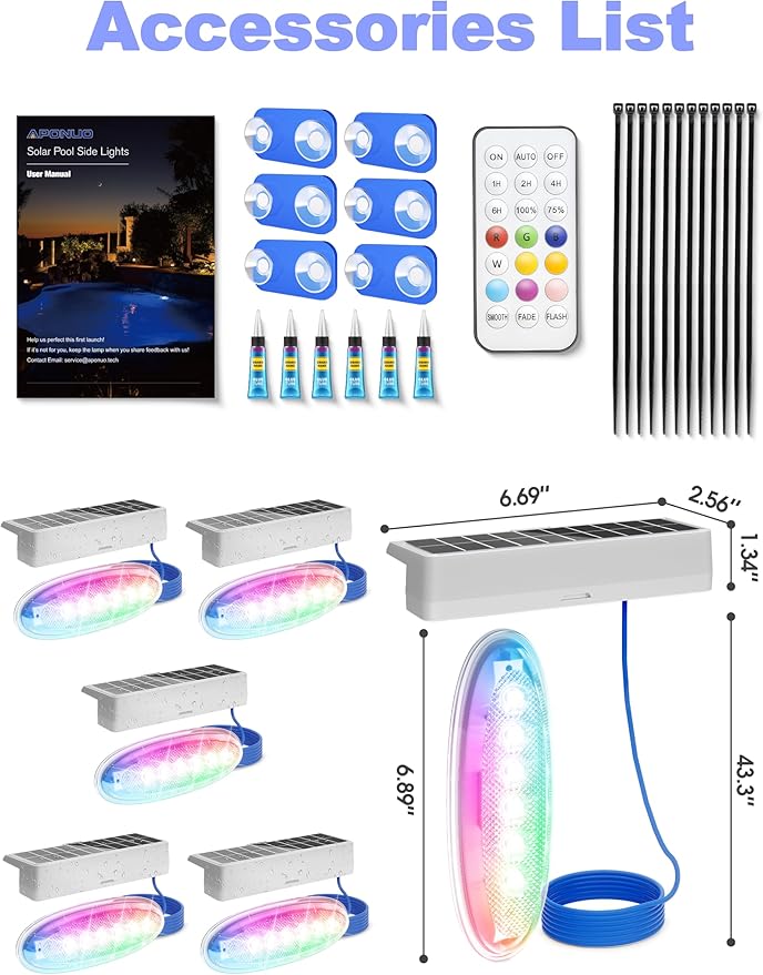APONUO 6 Pack Solar Pool Lights, Pool Solar Lights for Above Ground Pools with Remote, IP68 Waterproof, RGB Color Changing Solar Powered Pools Light for Pond, Fountain,Yard (Gray)