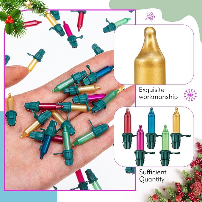 Mudder 60 Count Christmas Tree Replacement Light Bulbs 2.5v 0.425 Watt Replacement Bulb Mini Incandescent Wire String Lights Decoration for Prelit Xmas Tree(Green Base with Pastel Color Bulb)