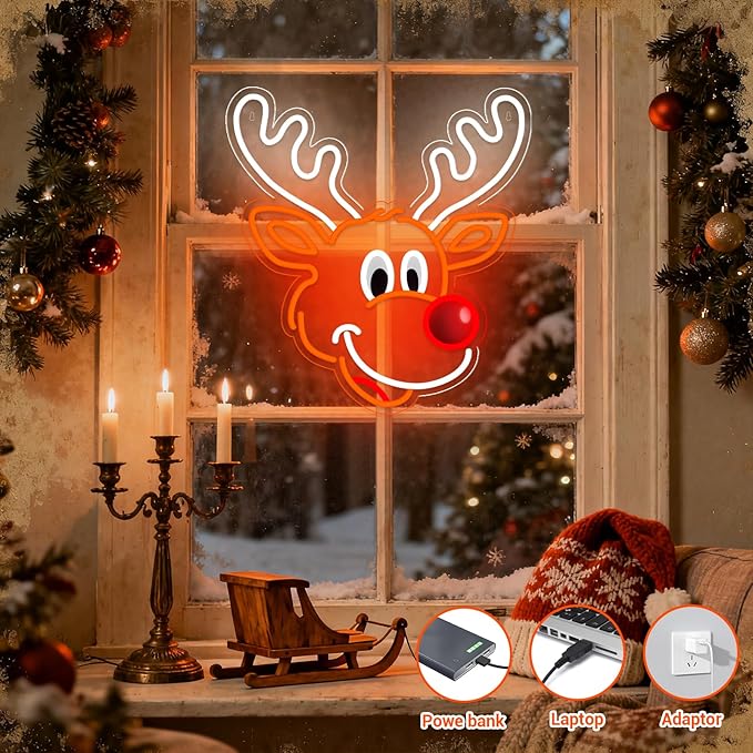 Christmas Elk Window Lights Decorations Indoor, Christmas Deer Neon Signs for Holiday Indoor Wall Door Glass Decor(White Elk)