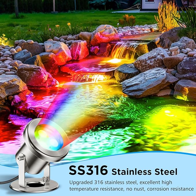 LyLmLe LED Pond Lights with APP Control, 6W SS316 Stainless Steel RGB Underwater Fountain Light with 12V Transformer, IP68 Waterproof Outdoor Underwater Lights for Pond Waterfall, Black Wire(6-Spots)