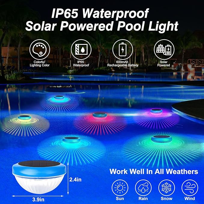 2Pcs Solar Floating Pool Lights, RGB Color Changing Pool Floating Light, IP65 Waterproof Rechargeable LED Lights for Pools, Hot Tubs, Fountain