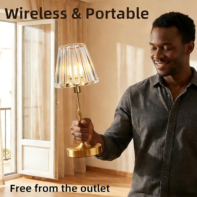 Crystal Glass Table Lamp - Cordless & Rechargeable with 5200mAh, Warm White Stepless Dimming, Portable Reading Light for Bedroom Nightstand, Living Room Home Decor