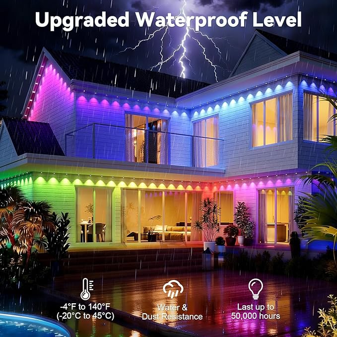 Permanent Outdoor Lights, 104FT RGB String Downlights with Colors Scene Modes, IP67 Waterproof Smart LED Eaves Lights for Christmas, Halloween, Party
