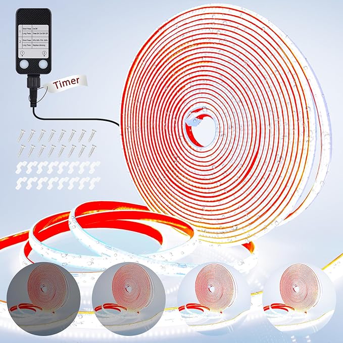 OMIKA 33FT Super Bright 3200LEDs COB LED Strip Lights Outdoor Waterproof, 6000K Cool White Plug in Rope Light Tape Light Flexible with Self-Adhesive Timer Dimmable for House Garden Camping DIY
