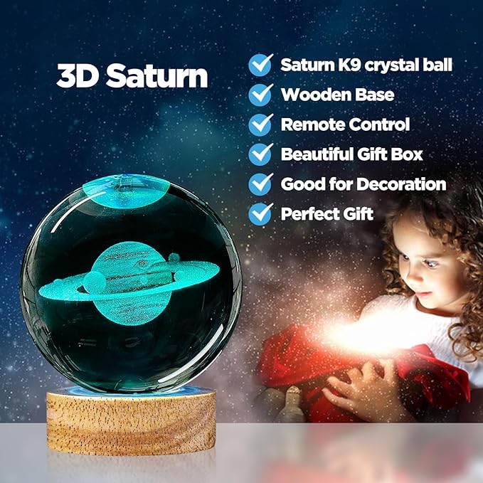 3D Saturn Crystal Ball Night Light, 3.15in K9 Saturn Sphere Glass Ball Lamp with 16 Colors Change, Wooden Base and Remote Control Planet Gifts for Kids Friends Teen