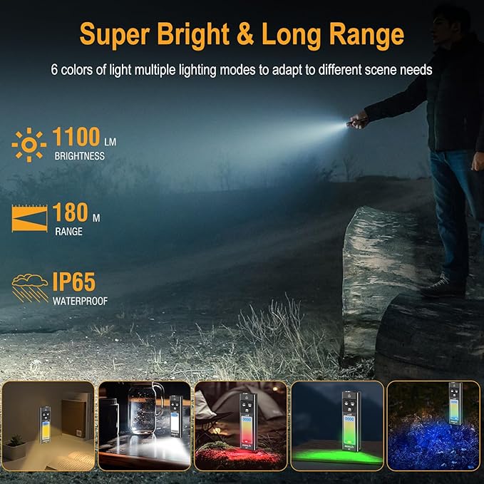 BORUIT U7 LED Small Powerful Flat EDC Flashlight with 365nm UV Black and RGB Light,USB C Rechargeable 1100L Pocket Flash Light with Clip,IP65 Waterproof,Magnetic,Power Bank Function