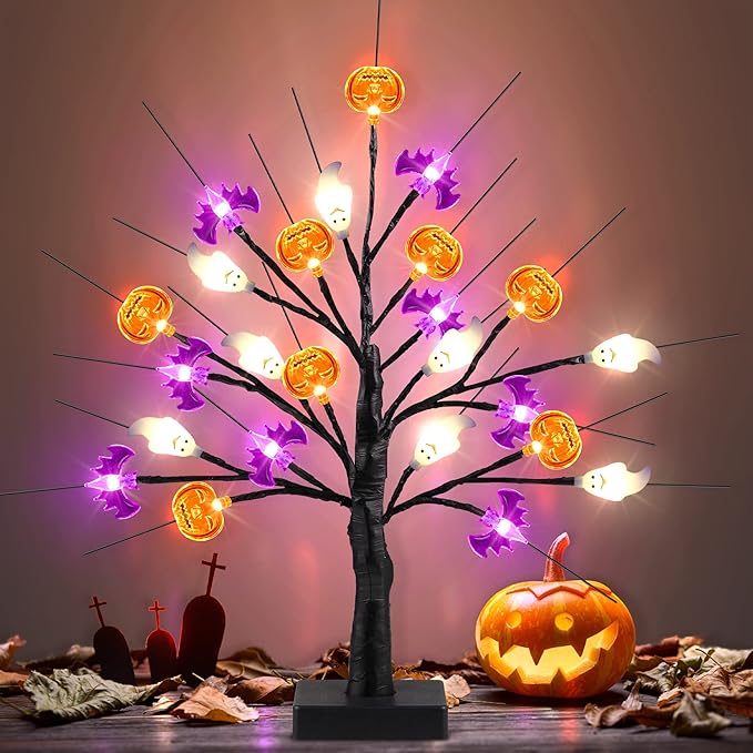 Mosoan 18 Inch Black Halloween Tree Light with 24 LED Pumpkin Bat Ghost Lights, Timer/USB/Battery Operated Halloween Lights, Indoor/Outdoor for Home, Table, Porch, Mantle, Party Decor