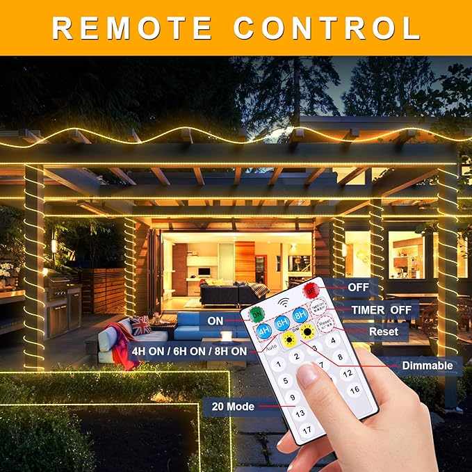 OMIKA 100ft 1200 LEDs Solar Rope Lights, USB Charging, 20 Lighting Modes, Dimmable Timer Remote Control, IP68 Waterproof for Outdoor Trees, Parties, Gardens, Weddings, Christmas Decorations