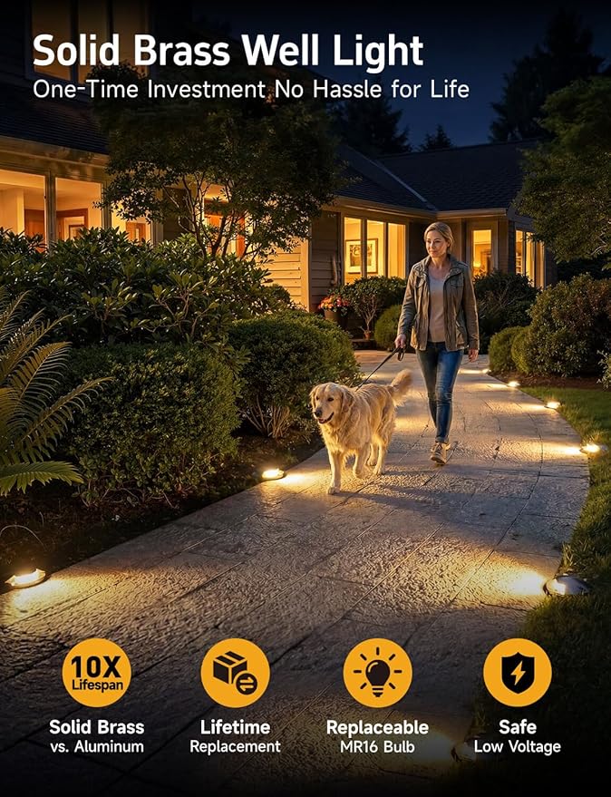 Gardenreet Landscape Low Voltage Well Light - Brass LED Electric 12V in-Grade Lighting, Replaceable Bulb Wired Fixture, Antique Bronze for Patio Yard Pathway with 5000K Daylight White MR16 Bulb