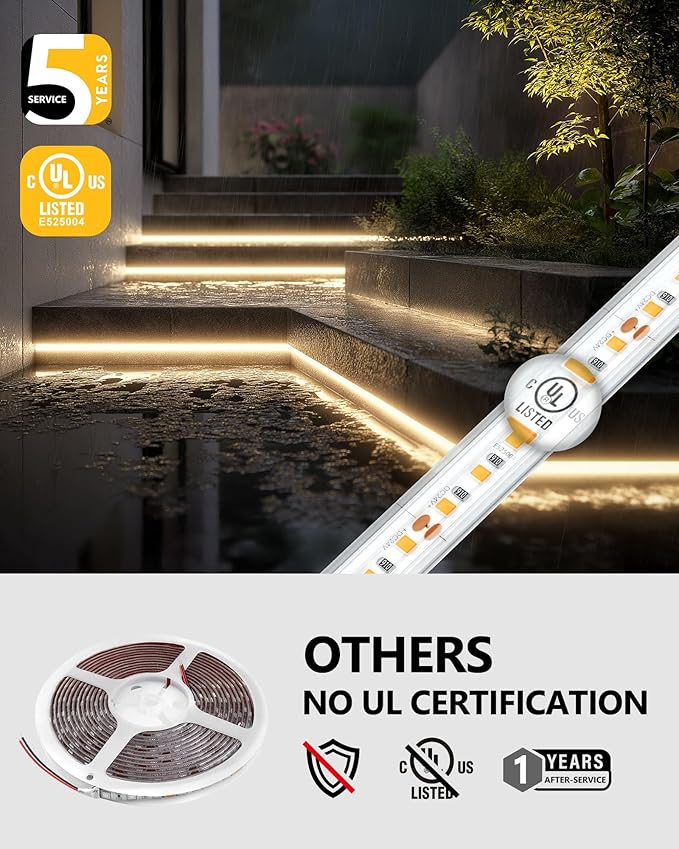 EMITEVER Outdoor LED Strip Lights Waterproof 3000K Warm White, 16.4ft IP67 24V Tape Light UL Listed, 240+LM/ft, High Density 600LEDs, Lighting for Bathroom,Pool,Patio,Garden(Power Supply Not Included)